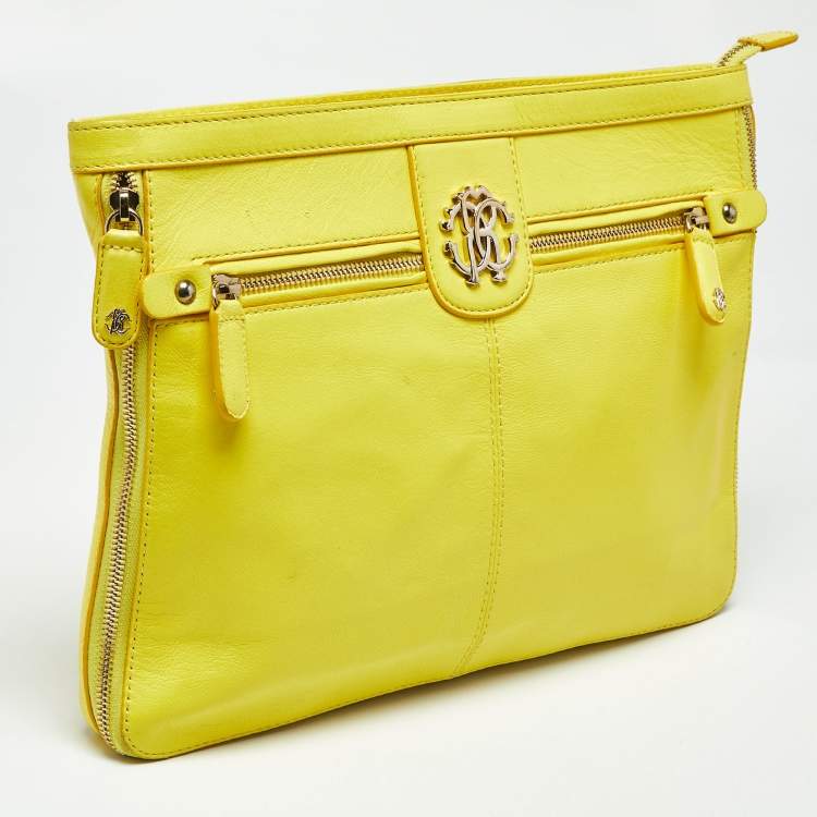 Pre Owned Roberto Cavalli Yellow Leather RC Zip Around Clutch