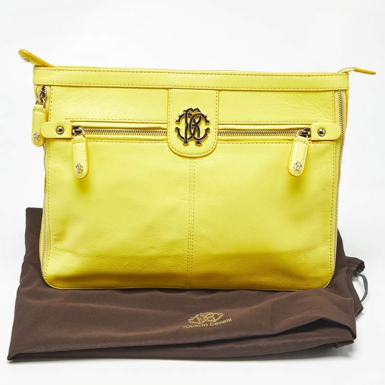 Pre Owned Roberto Cavalli Yellow Leather RC Zip Around Clutch