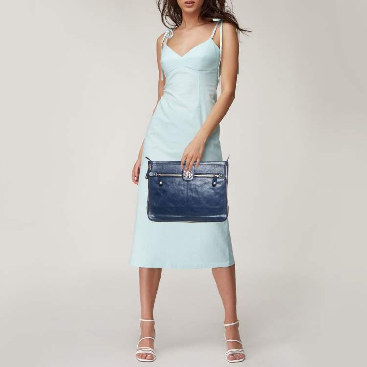 Pre Owned Roberto Cavalli Blue Leather RC Zip Around Clutch