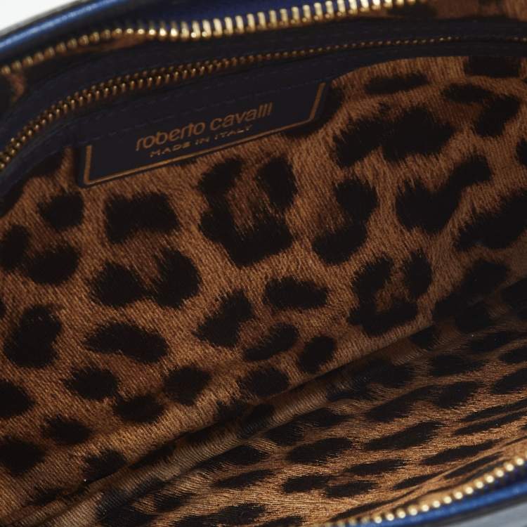 Pre Owned Roberto Cavalli Blue Leather RC Zip Around Clutch