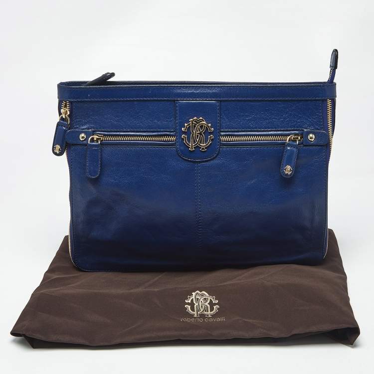 Pre Owned Roberto Cavalli Blue Leather RC Zip Around Clutch