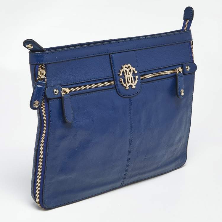 Pre Owned Roberto Cavalli Blue Leather RC Zip Around Clutch
