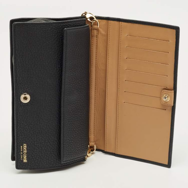 مملوكة مسبقًا محفظة بسلسلة روبerto cavalli جلد أسود بغطاء