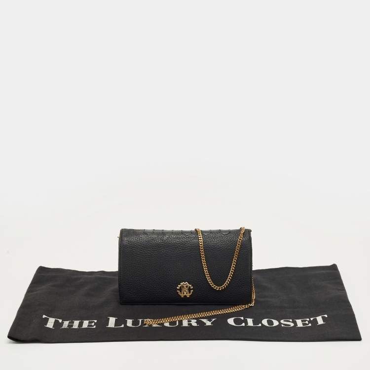 مملوكة مسبقًا محفظة بسلسلة روبerto cavalli جلد أسود بغطاء