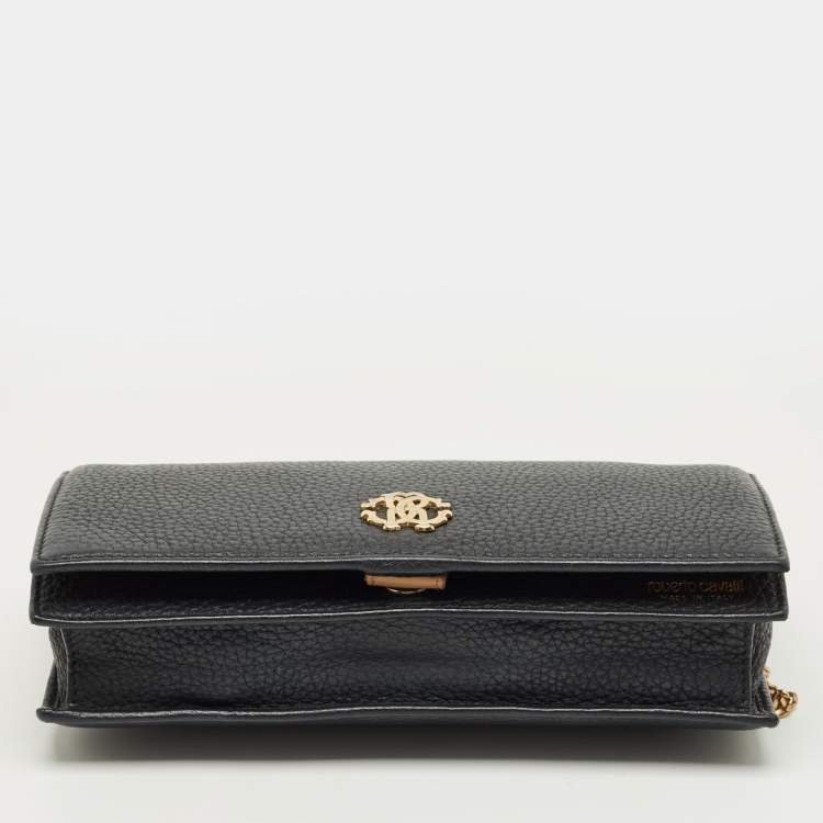 مملوكة مسبقًا محفظة بسلسلة روبerto cavalli جلد أسود بغطاء
