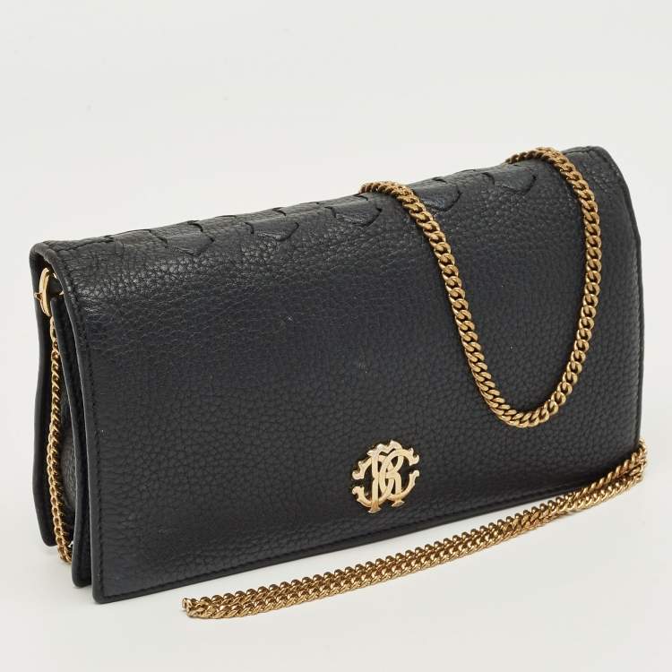 مملوكة مسبقًا محفظة بسلسلة روبerto cavalli جلد أسود بغطاء