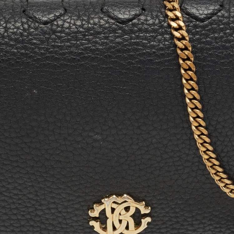 مملوكة مسبقًا محفظة بسلسلة روبerto cavalli جلد أسود بغطاء