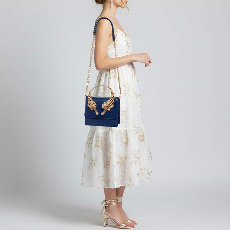 Pre Owned Roberto Cavalli Blue Leather Roar Crystal Embellished Top Handle Bag