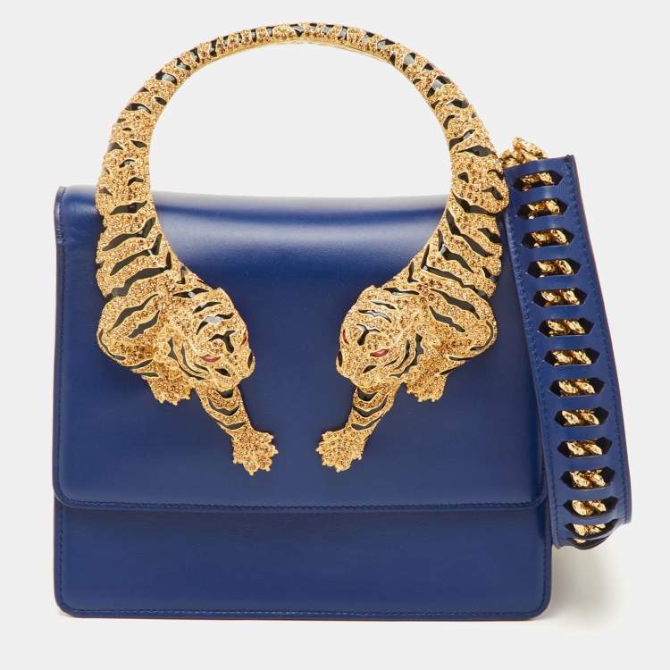 Pre Owned Roberto Cavalli Blue Leather Roar Crystal Embellished Top Handle Bag