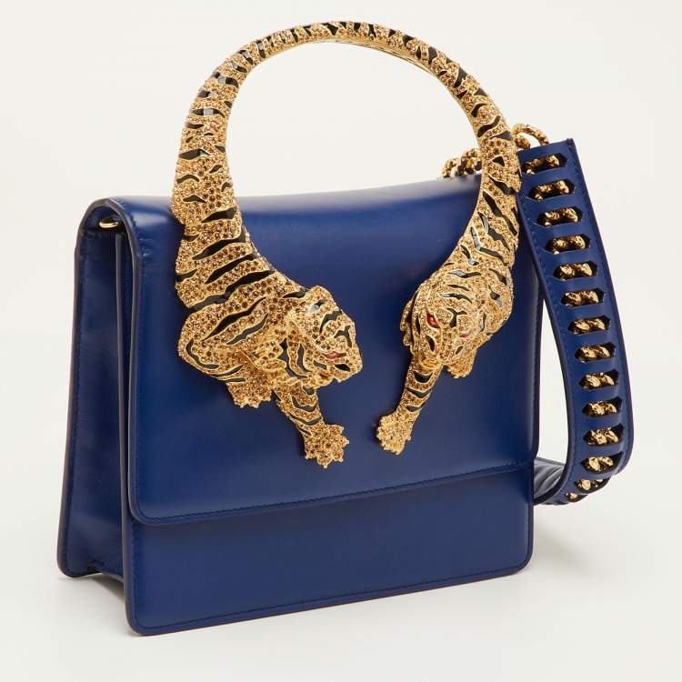 Pre Owned Roberto Cavalli Blue Leather Roar Crystal Embellished Top Handle Bag