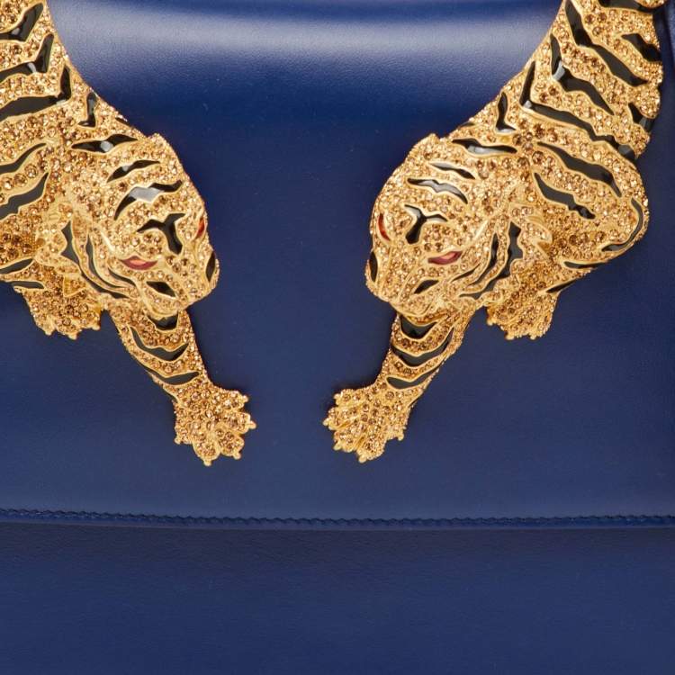 Pre Owned Roberto Cavalli Blue Leather Roar Crystal Embellished Top Handle Bag