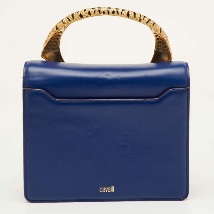 Pre Owned Roberto Cavalli Blue Leather Roar Crystal Embellished Top Handle Bag