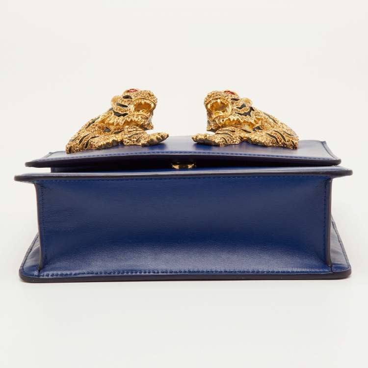 Pre Owned Roberto Cavalli Blue Leather Roar Crystal Embellished Top Handle Bag