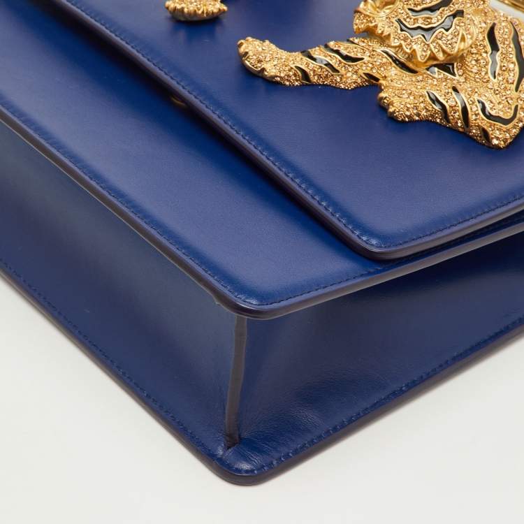 Pre Owned Roberto Cavalli Blue Leather Roar Crystal Embellished Top Handle Bag