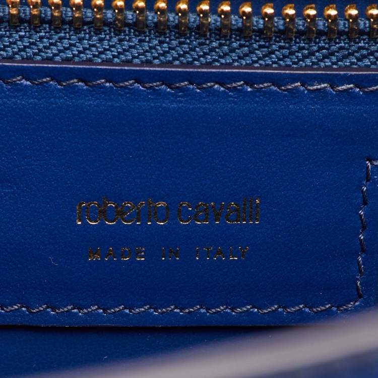 Pre Owned Roberto Cavalli Blue Leather Roar Crystal Embellished Top Handle Bag