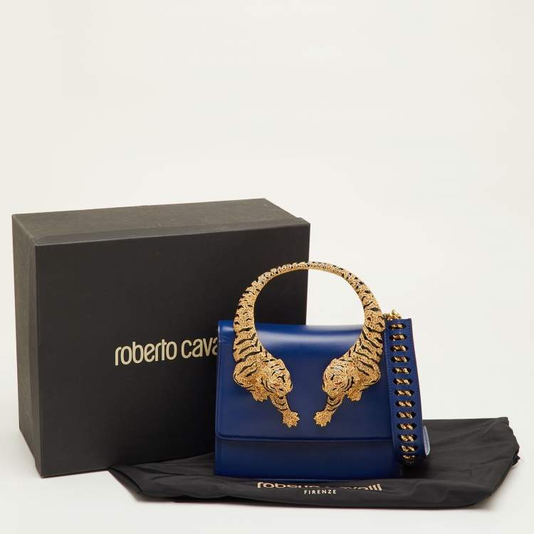 Pre Owned Roberto Cavalli Blue Leather Roar Crystal Embellished Top Handle Bag