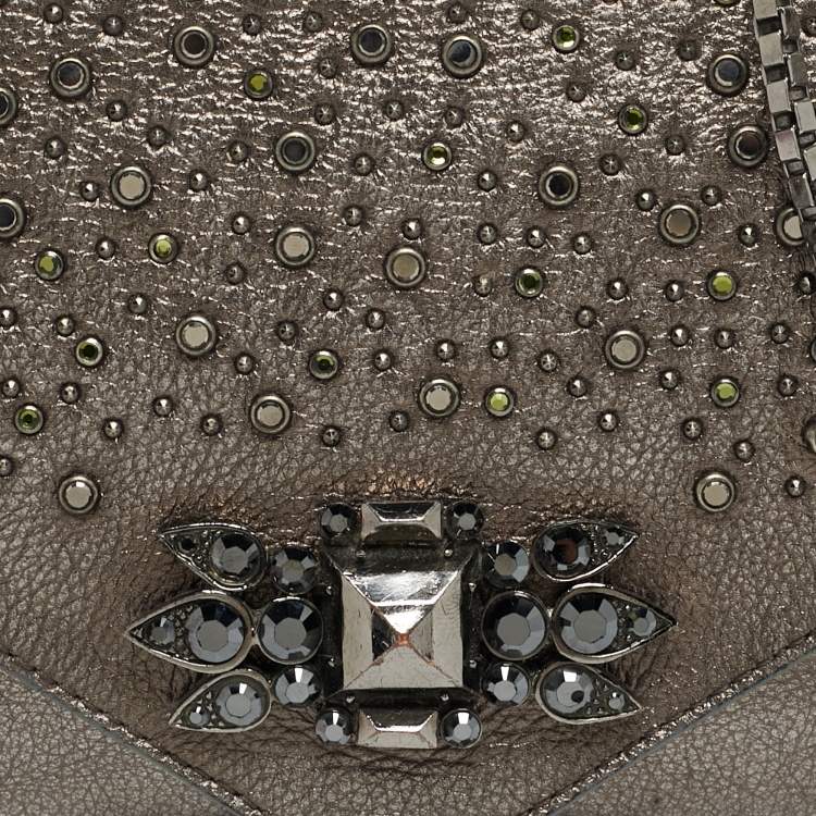 Pre Owned حقيبة كلاتش ربرتو كافالي سلسلة جلد رمادي معدني مزيّنة بالكريستال