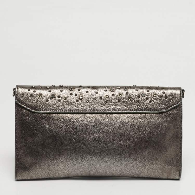 Pre Owned حقيبة كلاتش ربرتو كافالي سلسلة جلد رمادي معدني مزيّنة بالكريستال