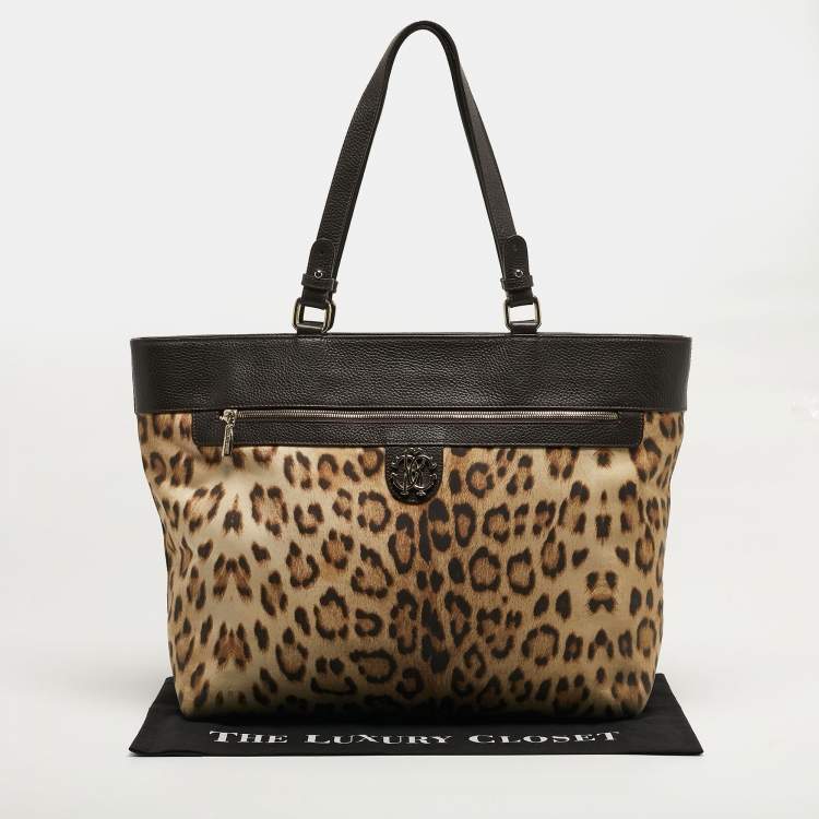 Pre Owned حقيبة يد روبerto cavalli قماش ونقشة فهد بني وجلد سوستة علوية