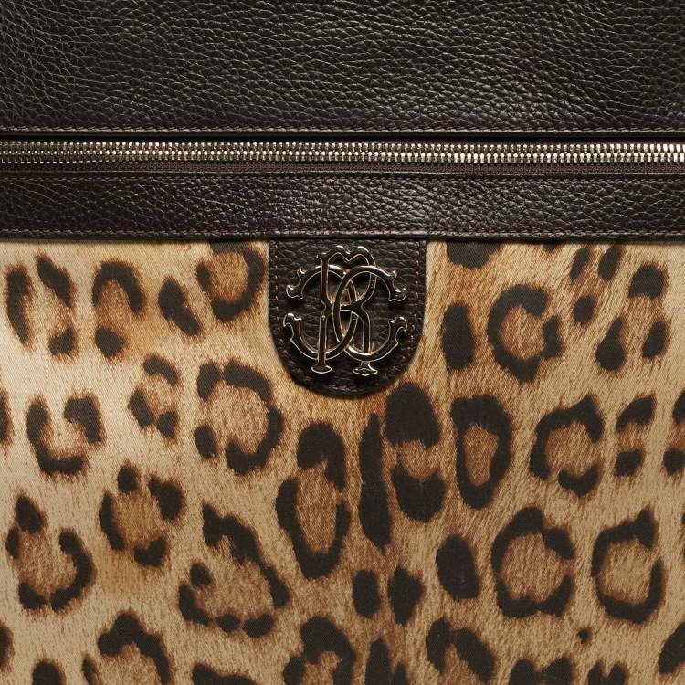 Pre Owned حقيبة يد روبerto cavalli قماش ونقشة فهد بني وجلد سوستة علوية