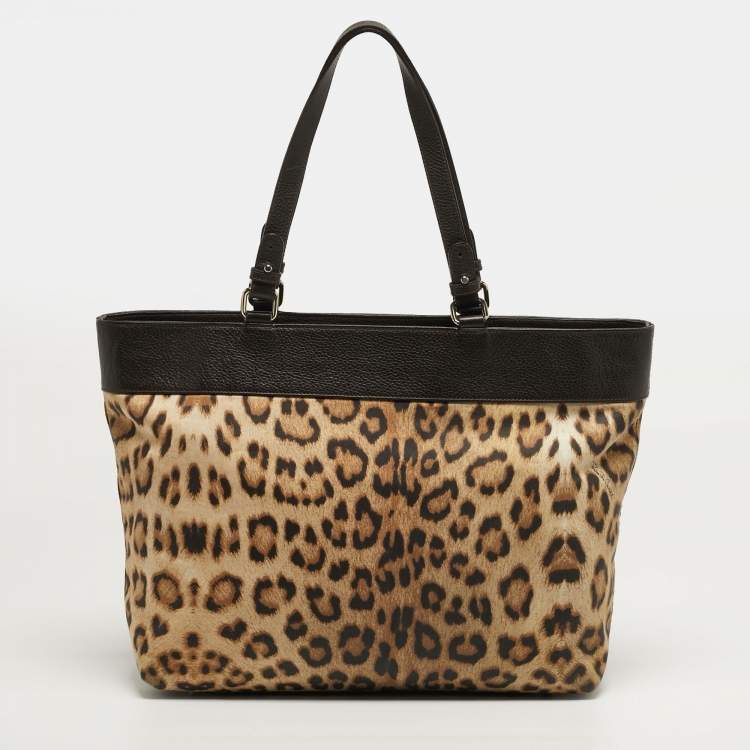 Pre Owned حقيبة يد روبerto cavalli قماش ونقشة فهد بني وجلد سوستة علوية