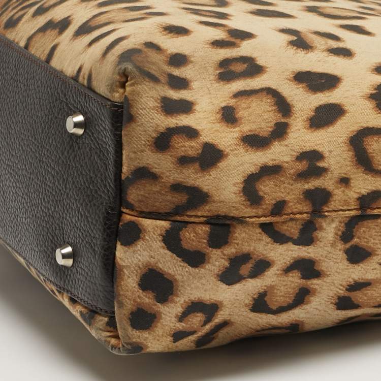 Pre Owned حقيبة يد روبerto cavalli قماش ونقشة فهد بني وجلد سوستة علوية