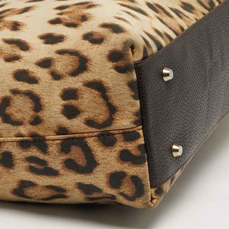 Pre Owned حقيبة يد روبerto cavalli قماش ونقشة فهد بني وجلد سوستة علوية