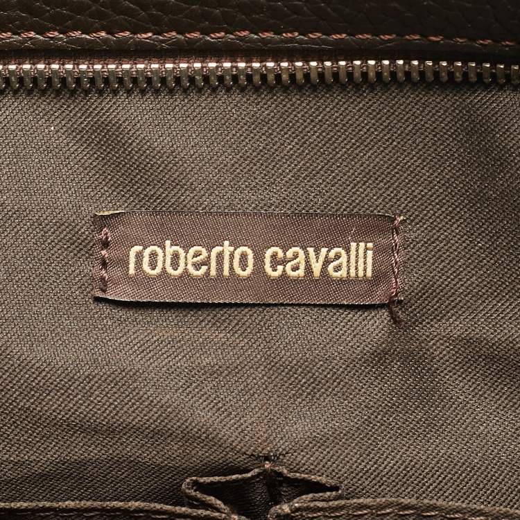 Pre Owned حقيبة يد روبerto cavalli قماش ونقشة فهد بني وجلد سوستة علوية