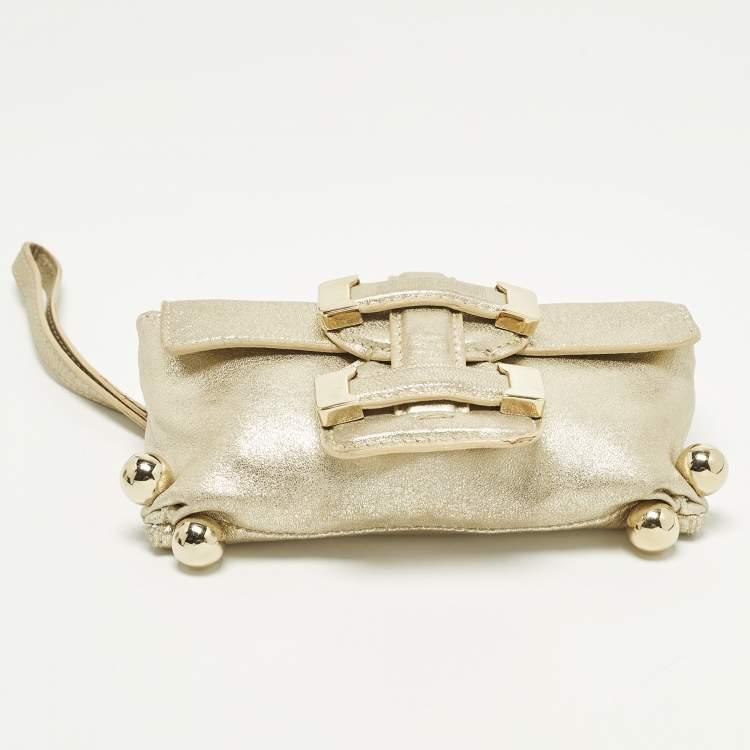 Pre Owned Roberto Cavalli Gold Leather Wristlet Pouch