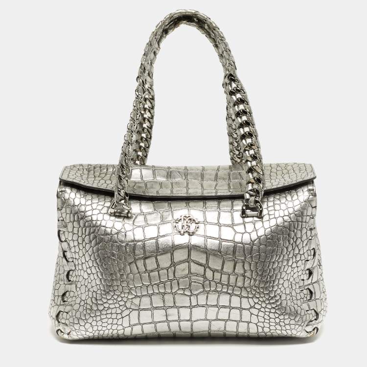 Pre Owned Roberto Cavalli Silver Alligator Chain Flap Satchel
