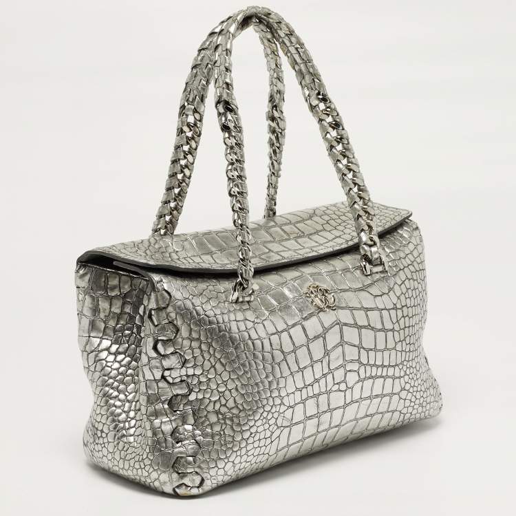 Pre Owned Roberto Cavalli Silver Alligator Chain Flap Satchel