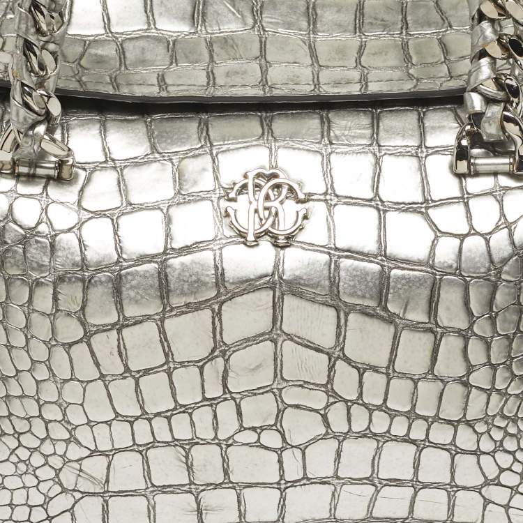Pre Owned Roberto Cavalli Silver Alligator Chain Flap Satchel