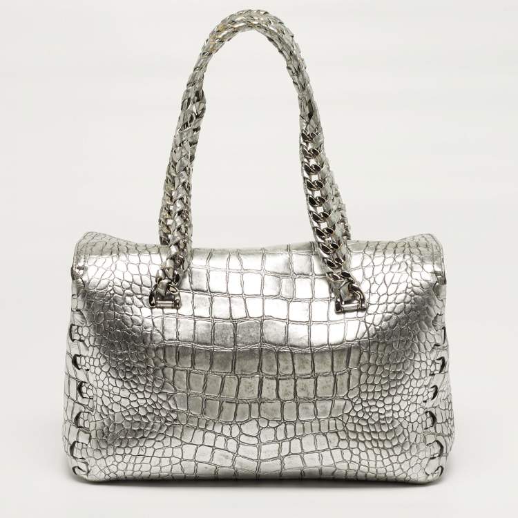 Pre Owned Roberto Cavalli Silver Alligator Chain Flap Satchel