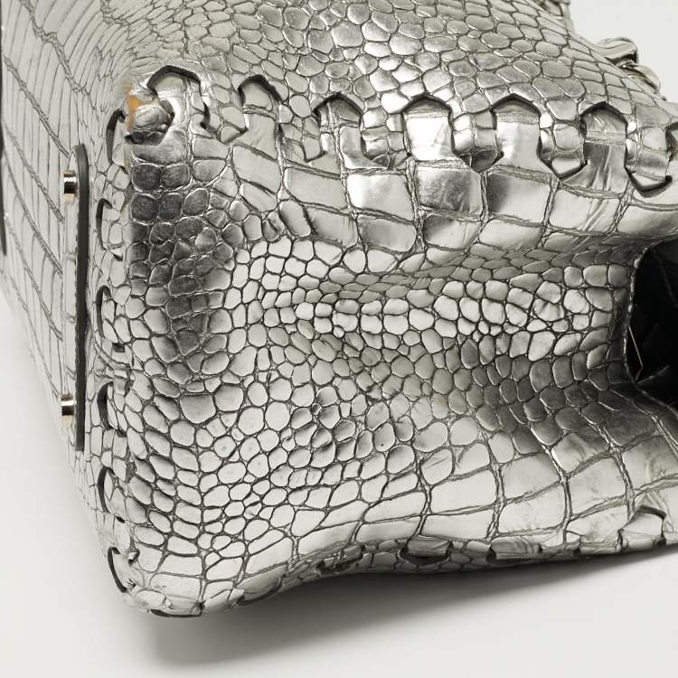 Pre Owned Roberto Cavalli Silver Alligator Chain Flap Satchel