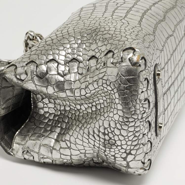 Pre Owned Roberto Cavalli Silver Alligator Chain Flap Satchel