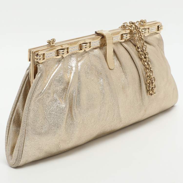 مملوكة مسبقًا Roberto Cavalli Gold Metallic Leather Chain Clutch Bag