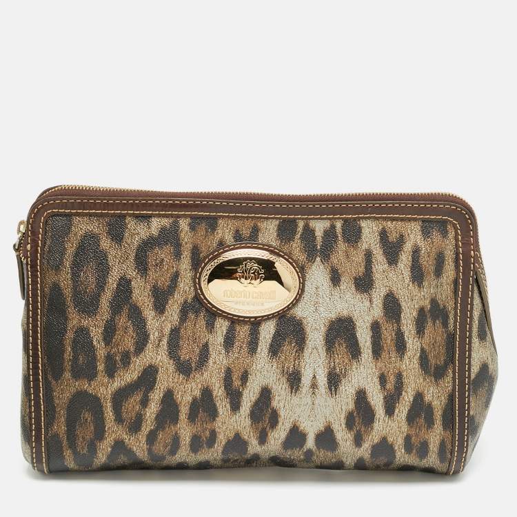 Pre Owned Roberto Cavalli Metallic/Brown Leopard Print Coated Canvas Zip Pouch