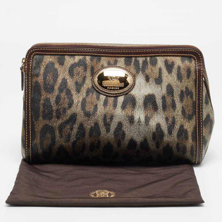 Pre Owned Roberto Cavalli Metallic/Brown Leopard Print Coated Canvas Zip Pouch