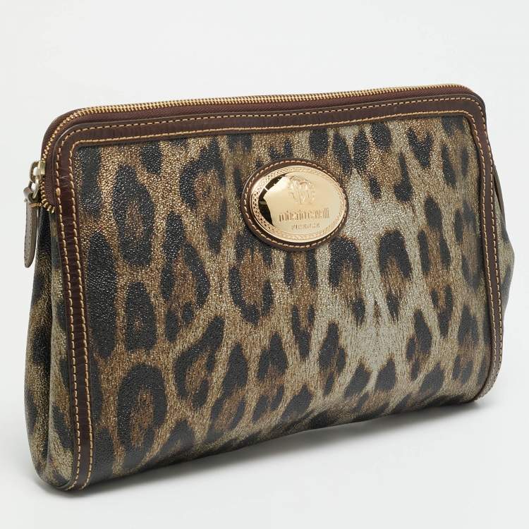 Pre Owned Roberto Cavalli Metallic/Brown Leopard Print Coated Canvas Zip Pouch