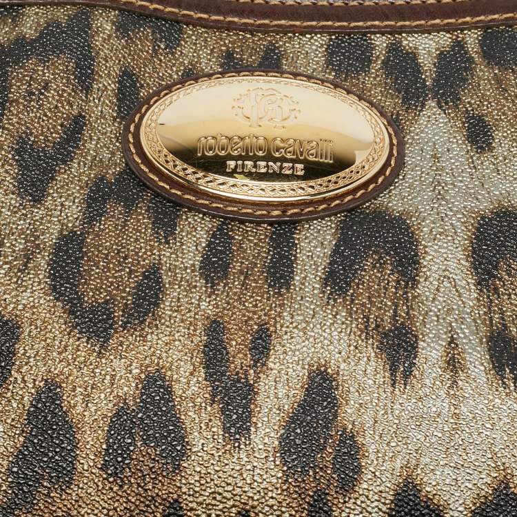 Pre Owned Roberto Cavalli Metallic/Brown Leopard Print Coated Canvas Zip Pouch