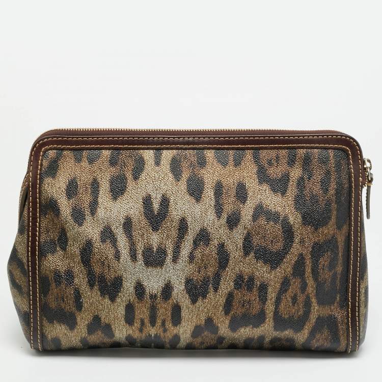 Pre Owned Roberto Cavalli Metallic/Brown Leopard Print Coated Canvas Zip Pouch