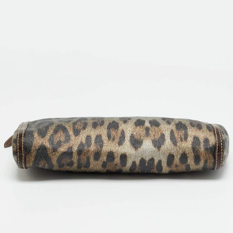 Pre Owned Roberto Cavalli Metallic/Brown Leopard Print Coated Canvas Zip Pouch