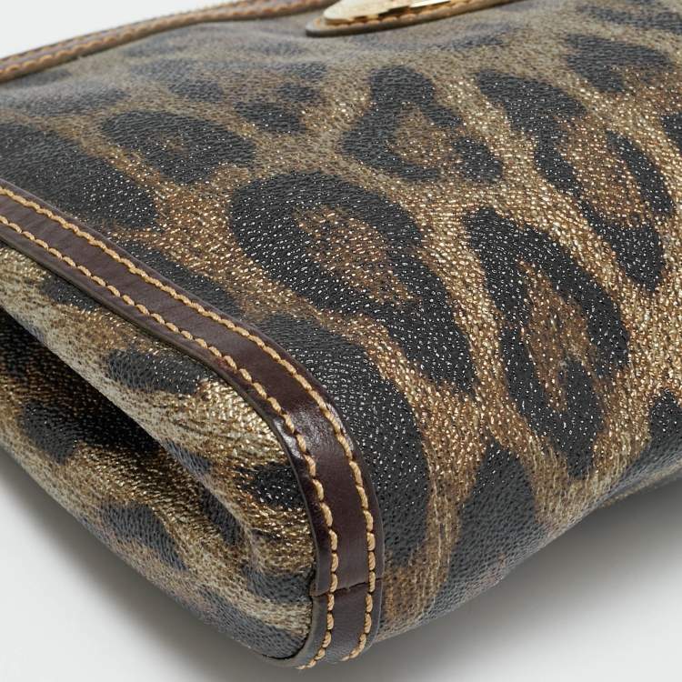 Pre Owned Roberto Cavalli Metallic/Brown Leopard Print Coated Canvas Zip Pouch