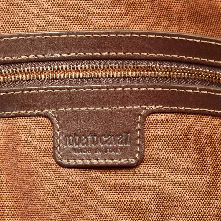 Pre Owned Roberto Cavalli Metallic/Brown Leopard Print Coated Canvas Zip Pouch