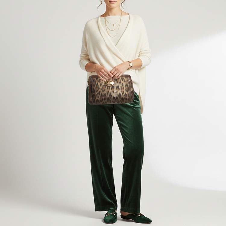 Pre Owned Roberto Cavalli Metallic/Brown Leopard Print Coated Canvas Zip Pouch