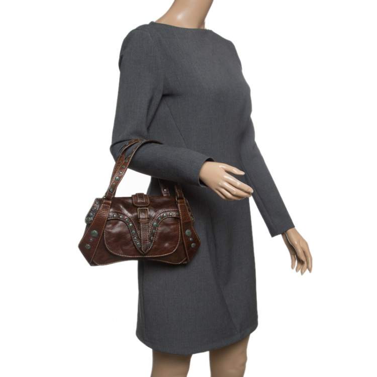 Pre Owned Roberto Cavalli Dark Brown Leather Studded Shoulder Bag