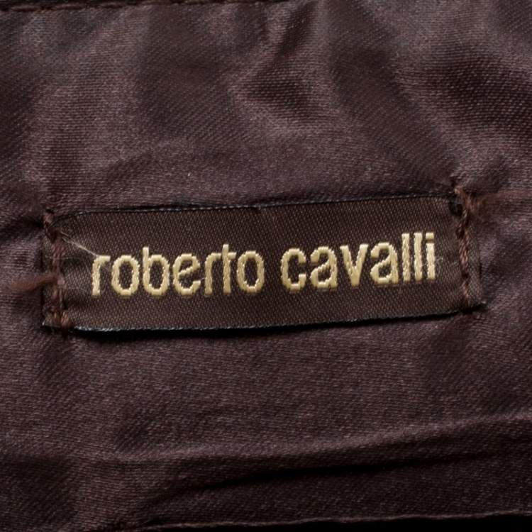 Pre Owned Roberto Cavalli Brown/Multicolor Leather and Printed Fabric Top Handle Bag