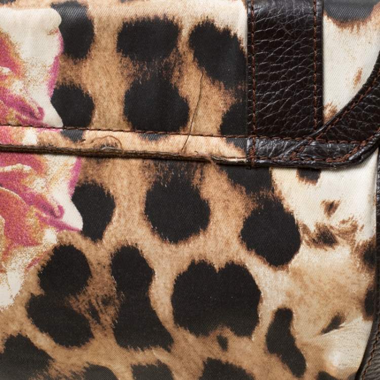 Pre Owned Roberto Cavalli Brown/Multicolor Leather and Printed Fabric Top Handle Bag