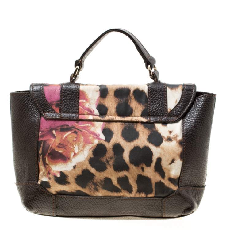 Pre Owned Roberto Cavalli Brown/Multicolor Leather and Printed Fabric Top Handle Bag