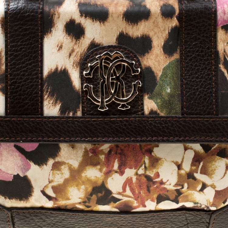 Pre Owned Roberto Cavalli Brown/Multicolor Leather and Printed Fabric Top Handle Bag